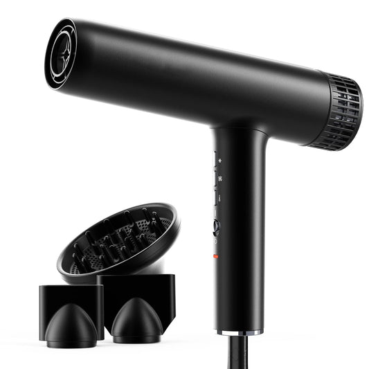 Hair Dryer, Professional Brushless Motor Ionic Hair Blow Dryer with Diffuser, Magnetic Nozzles, 0.83Pound, 2000W, 60dB, 3 Heat Settings & 3 Speed & Cold Settings, Diffuser Hair Dryer, Black