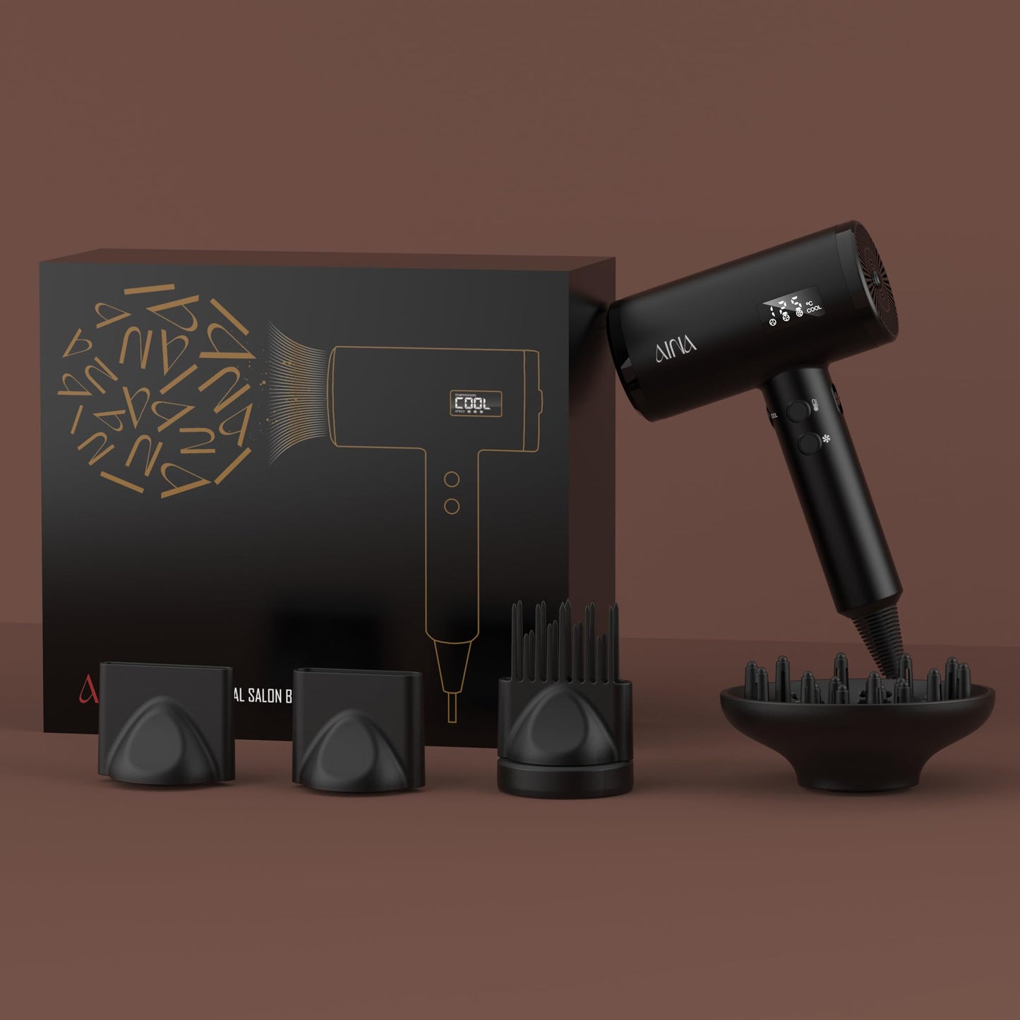 AINA Pro Salon Hair Dryer(New tech), Blow Dryer with Diffuser Brush Comb for Women | BLDC Hair Dryer | Brushless Motor 150,000 RPM | Ionic | LED display | 4 Magnetic Attachments 110V/ALCI(Vader Black)