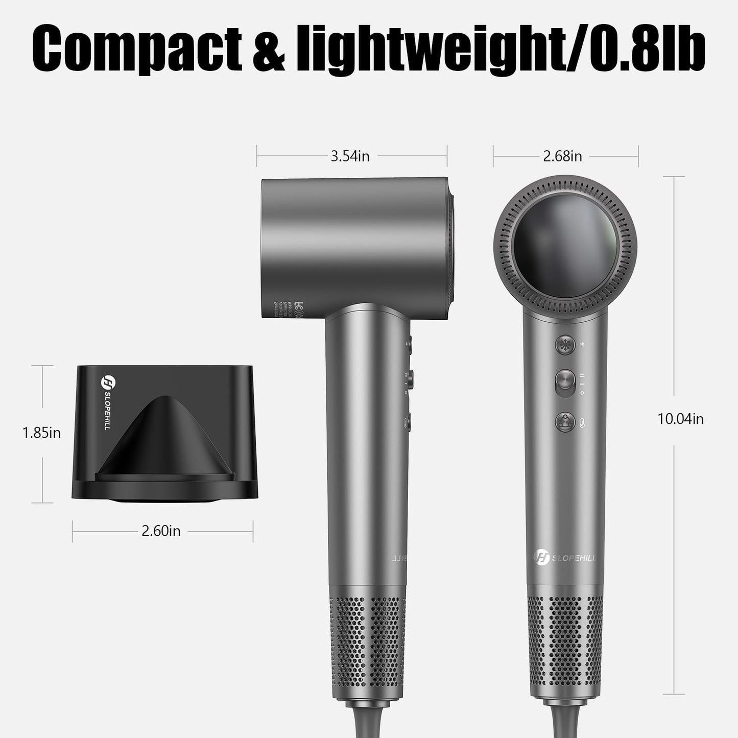 slopehill 110,000 RPM Professional Hair Dryer - 0.8lb Ultra-Lightweight, 2 Billion Ion Technology for 98% Frizz Reduction, AI Smart-Temp Control, Magnetic Attachments for All Hair Types (Dark Grey)