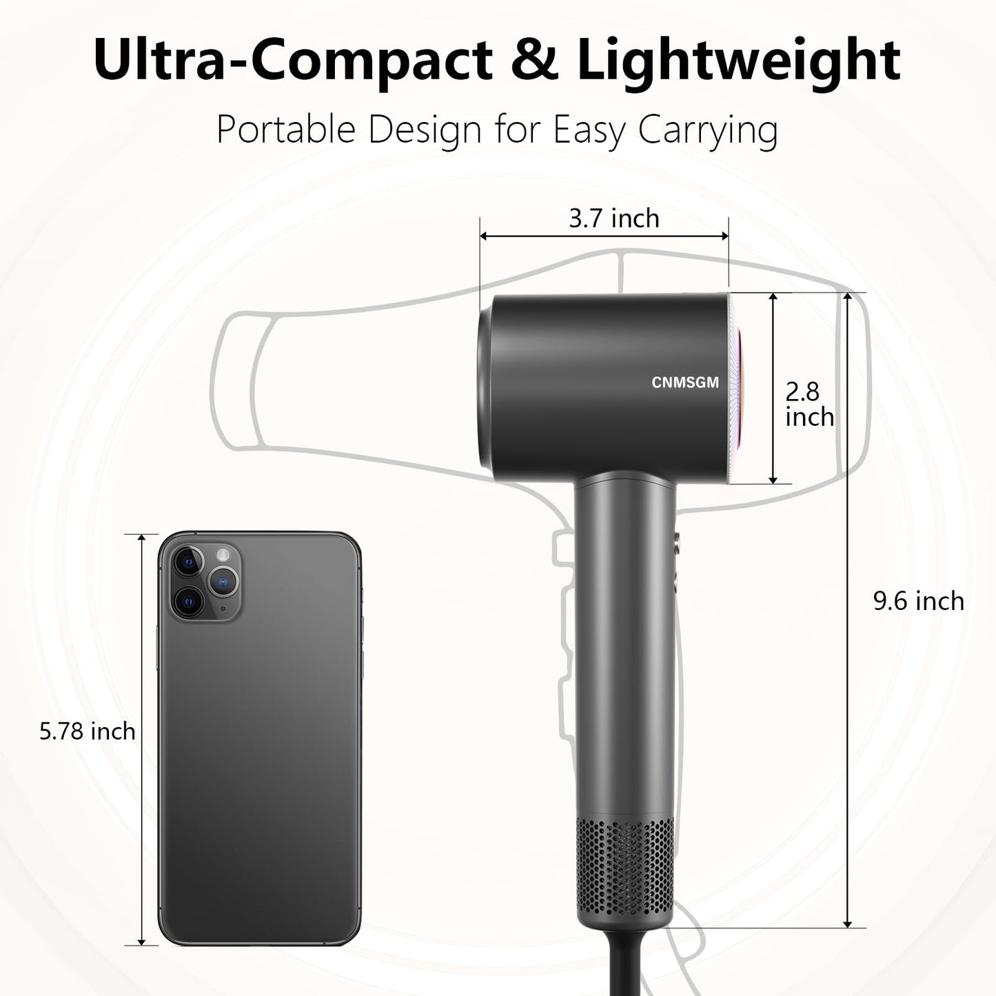 Hair Dryer, High Speed Ionic Blow Dryer, 5X-Fast Drying, 2 Billion Negative Ions, Low Noise,160000 RPM, Compact Blow Dryer with Magnetic Diffuser for Faster Drying All Hair Types(Black Gray)