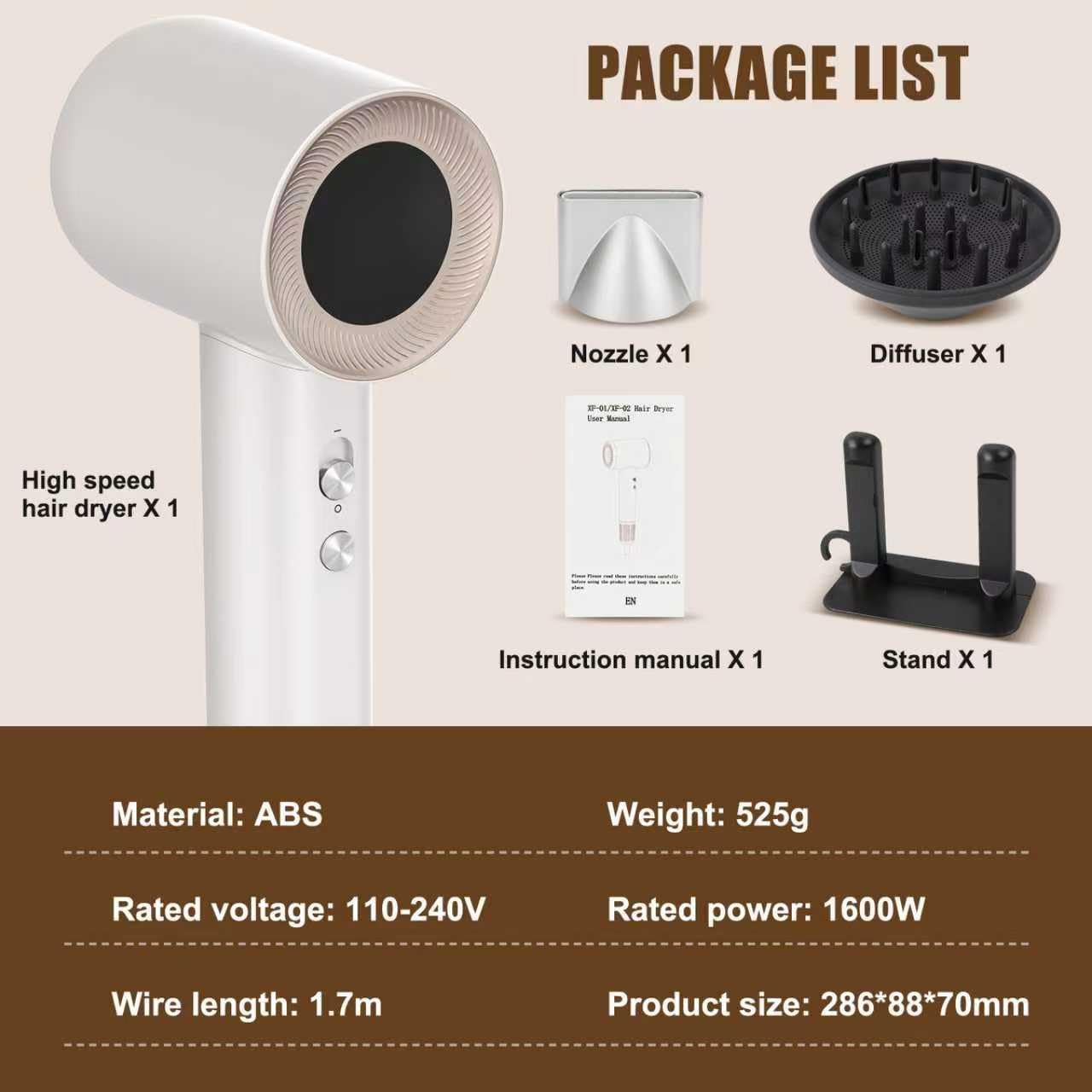 Hair Dryer, 1600W High Speed Ionic Blow Dryer with 300 Million Negative Ions, 160000 RPM Brushless Motor for Fast Drying, 59dB Low Noise & 65M/S Hair Dryers for Home Travel, White