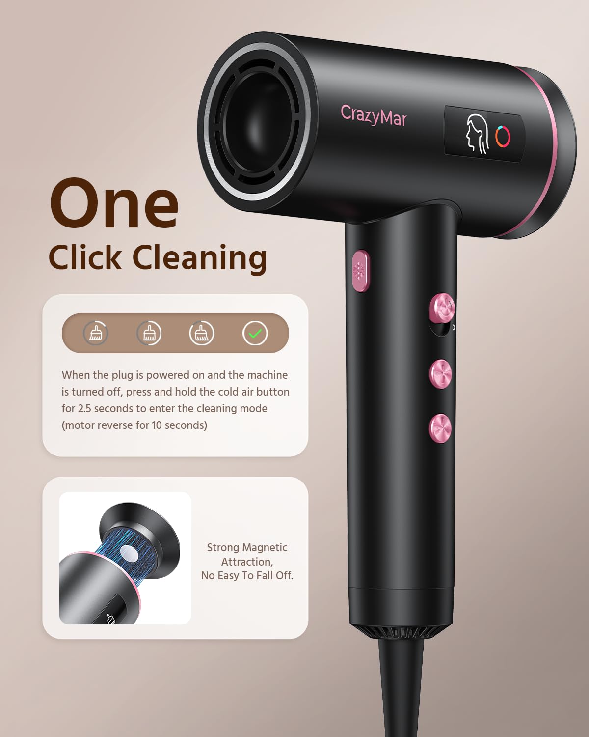 Hair Dryer, 1800W Ionic Hair Dryer with 3 Smart Mode (Baby/Men/Women), High Speed Brushless Motor for Fast Drying (2-5 Mins), Lightweight Hair Dryers for Women, for Home & Travel(Pink)