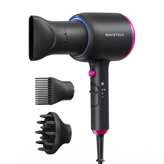Wavytalk Hair Dryer with Diffuser, Blown Away Ionic Hair Dryer for Curly Hair with Comb, 1875W Fast Drying Blow Dryer with Ceramic Technology, 3 Attachments for All Hair Types, Light and Quiet, Black