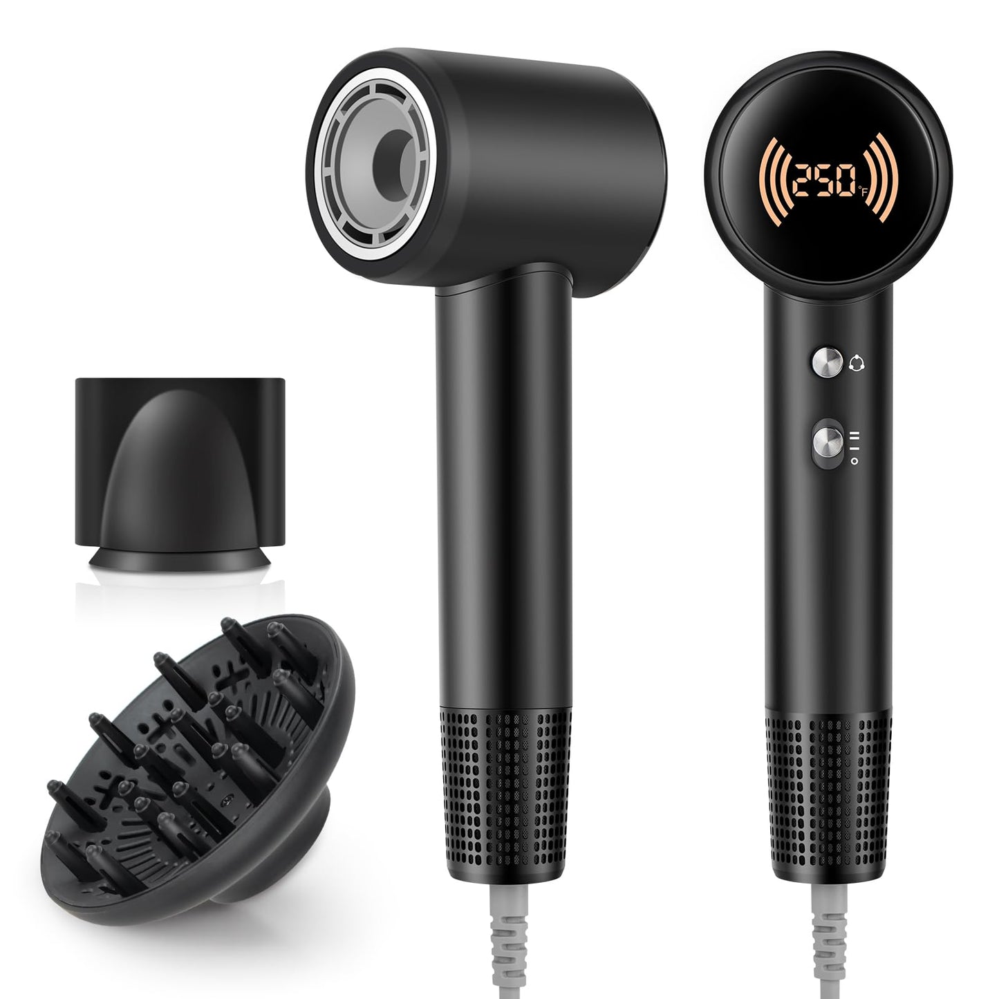 Hair Dryer,Travel Hair Dryer with Diffuser,110000 RPM High Speed Ionic Blow Dryer,Temperature Display,Low Noise&Lightweight Blow Dryer,Fast-Drying,No Heat Damage,Suitable for All Hairstyles(Black)