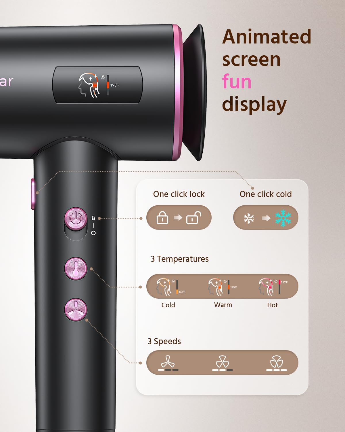 Hair Dryer, 1800W Ionic Hair Dryer with 3 Smart Mode (Baby/Men/Women), High Speed Brushless Motor for Fast Drying (2-5 Mins), Lightweight Hair Dryers for Women, for Home & Travel(Pink)
