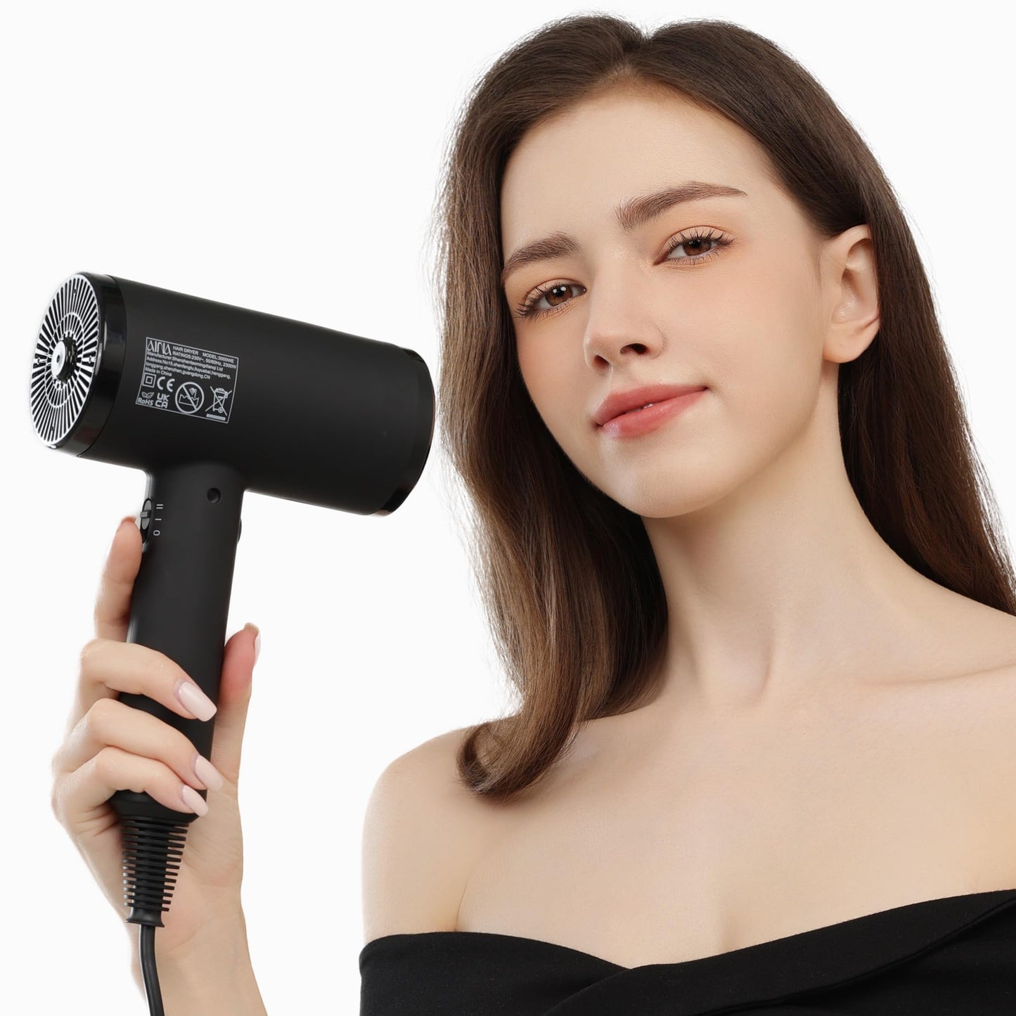 AINA Pro Salon Hair Dryer(New tech), Blow Dryer with Diffuser Brush Comb for Women | BLDC Hair Dryer | Brushless Motor 150,000 RPM | Ionic | LED display | 4 Magnetic Attachments 110V/ALCI(Vader Black)