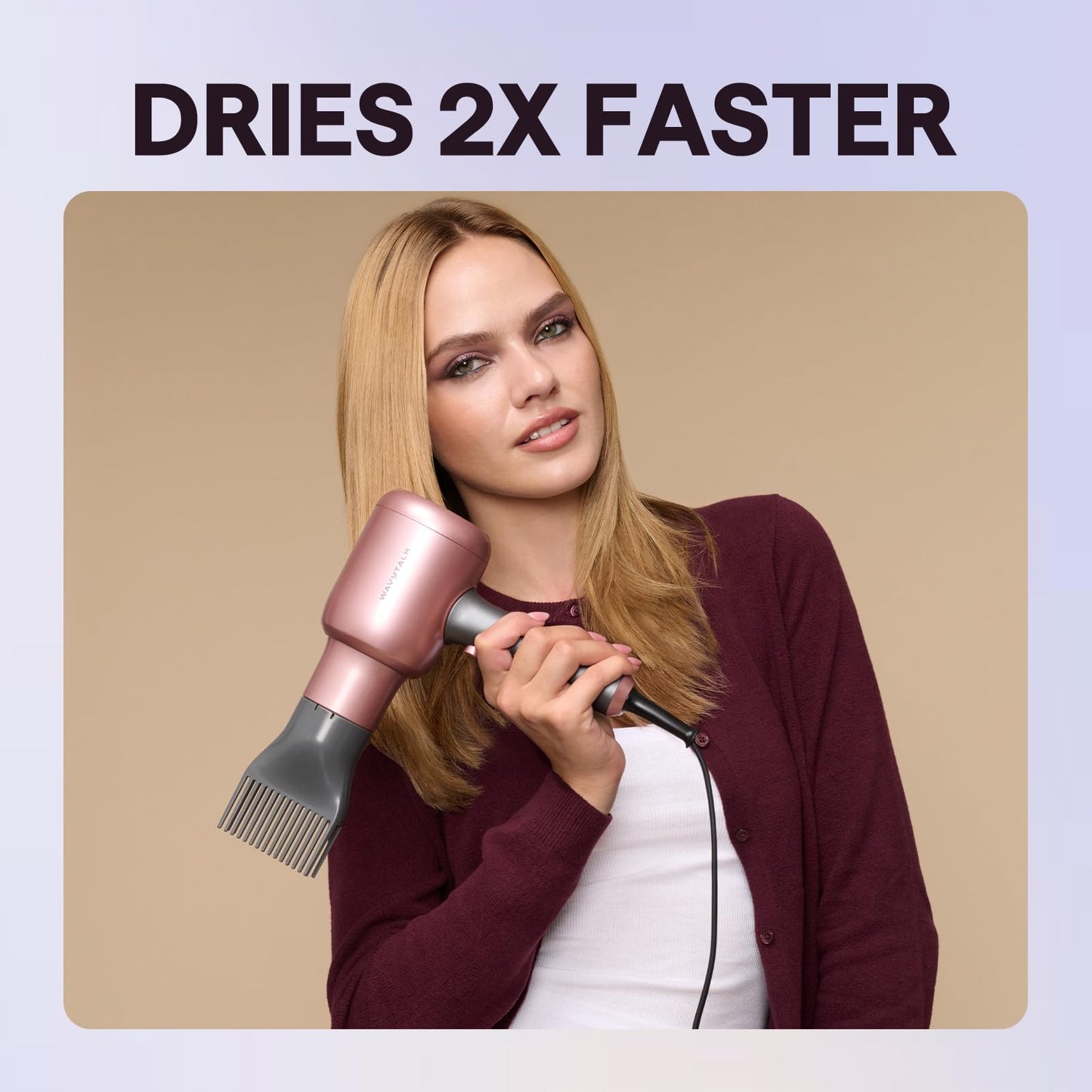 Wavytalk Hair Dryer, Blown Away Ionic Hair Dryer for Curly Hair with Diffuser, 1875W Fast Drying Blow Dryer with Ceramic Technology, 3 Attachments for All Hair Types, Light and Quiet, Rose Gold