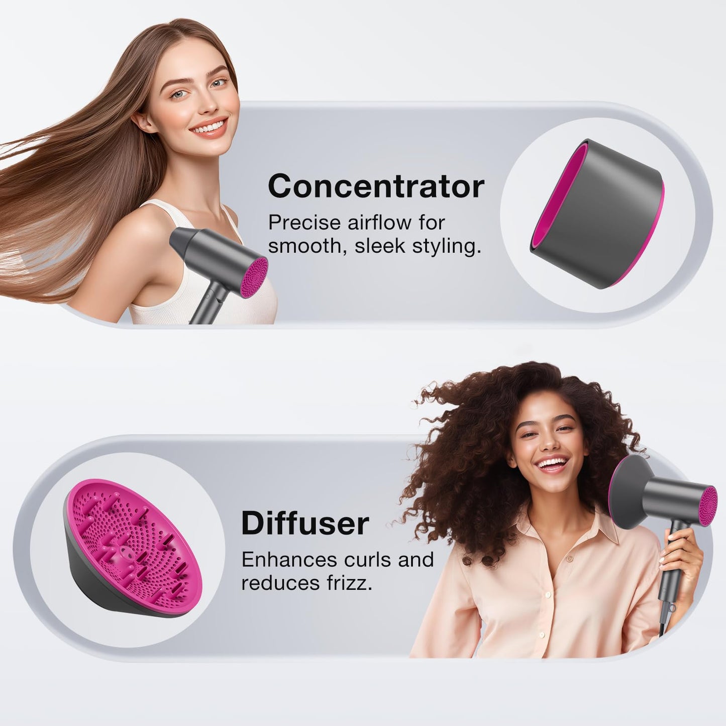 BABONIR Hair Dryer with Diffuser for Women, 1875W Fast Drying Ionic Blow Dryer for Home Use, Lightweight Foldable Hairdryer with Concentrator Nozzle, 3 Heat 2 Speed Settings, Gray