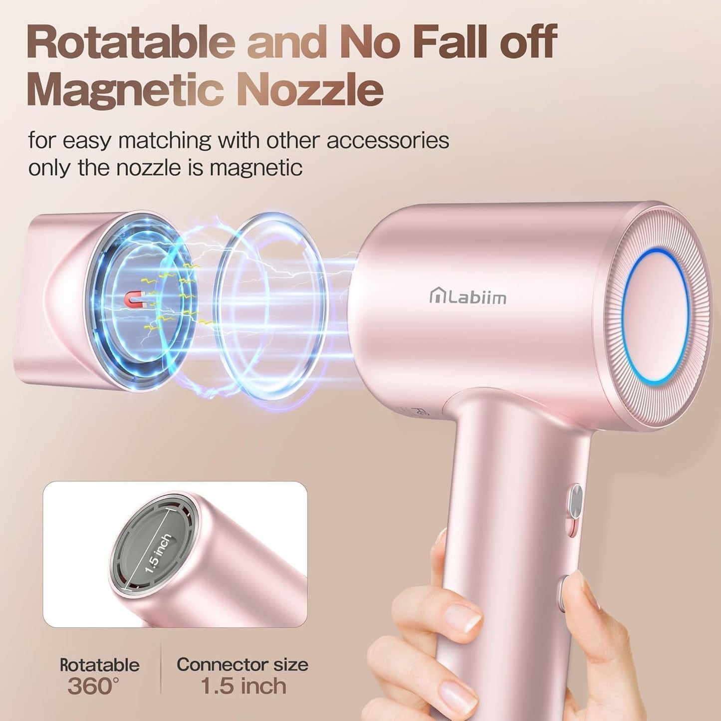 Labiim Hair Dryer, High-Speed Ionic Low Noise Blow Dryer with Brushless Motor for Fast Drying, Thermo-Control Quiet Compact Hair Blow Dryer, Hairdryer with 1 Nozzle Attachments for Home Salon Travel