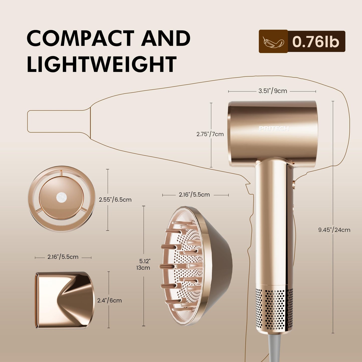 PRITECH High-Speed Ionic Hair Dryer with Diffuser,200M Negative Ions with Hair Oil-Infused Blowout Gilded Pro Blow Dryer,1500W Brushless Motor 5X Fast Dry,Low Noise, Lightweight for Travel Home Salon