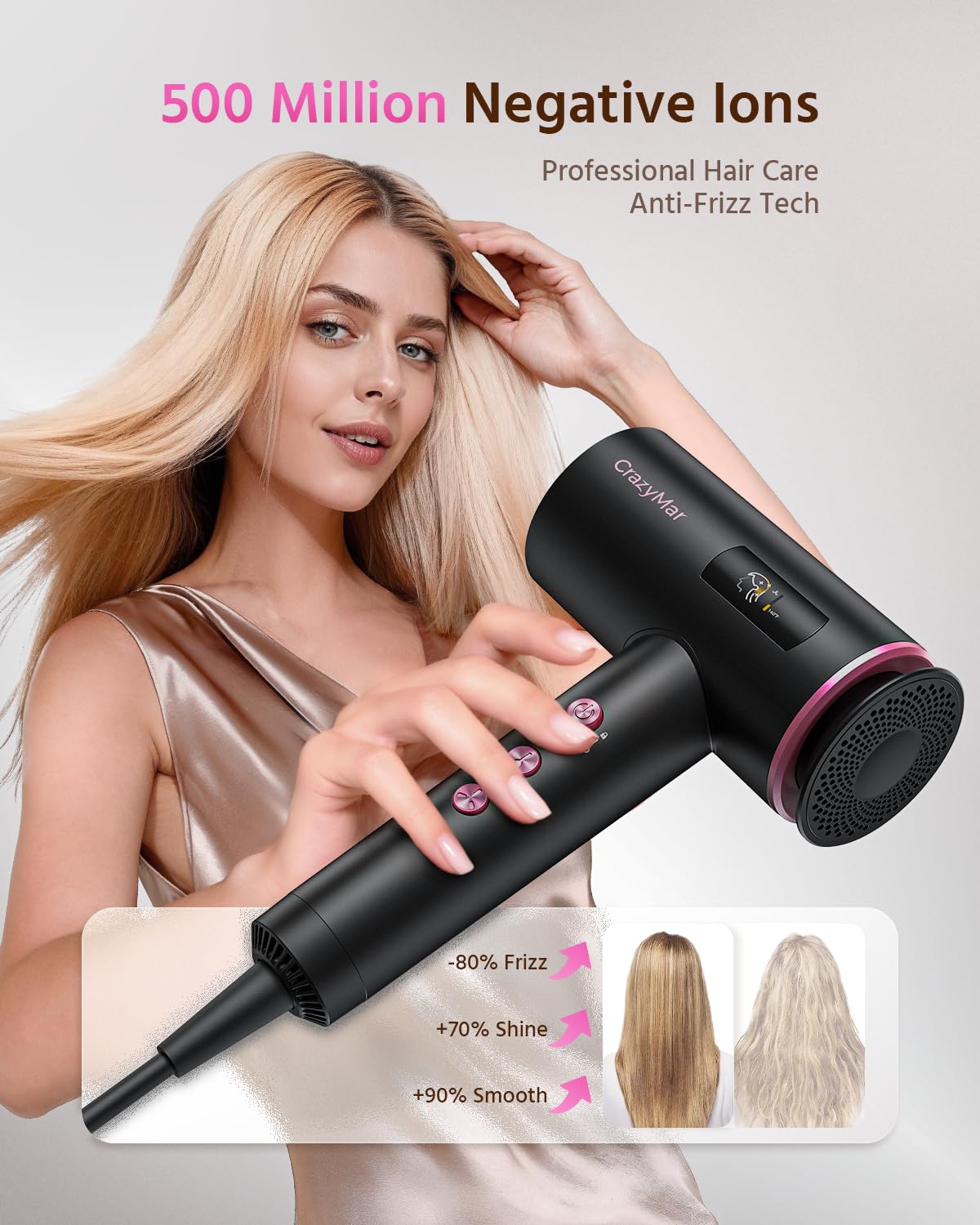Hair Dryer, 1800W Ionic Hair Dryer with 3 Smart Mode (Baby/Men/Women), High Speed Brushless Motor for Fast Drying (2-5 Mins), Lightweight Hair Dryers for Women, for Home & Travel(Pink)