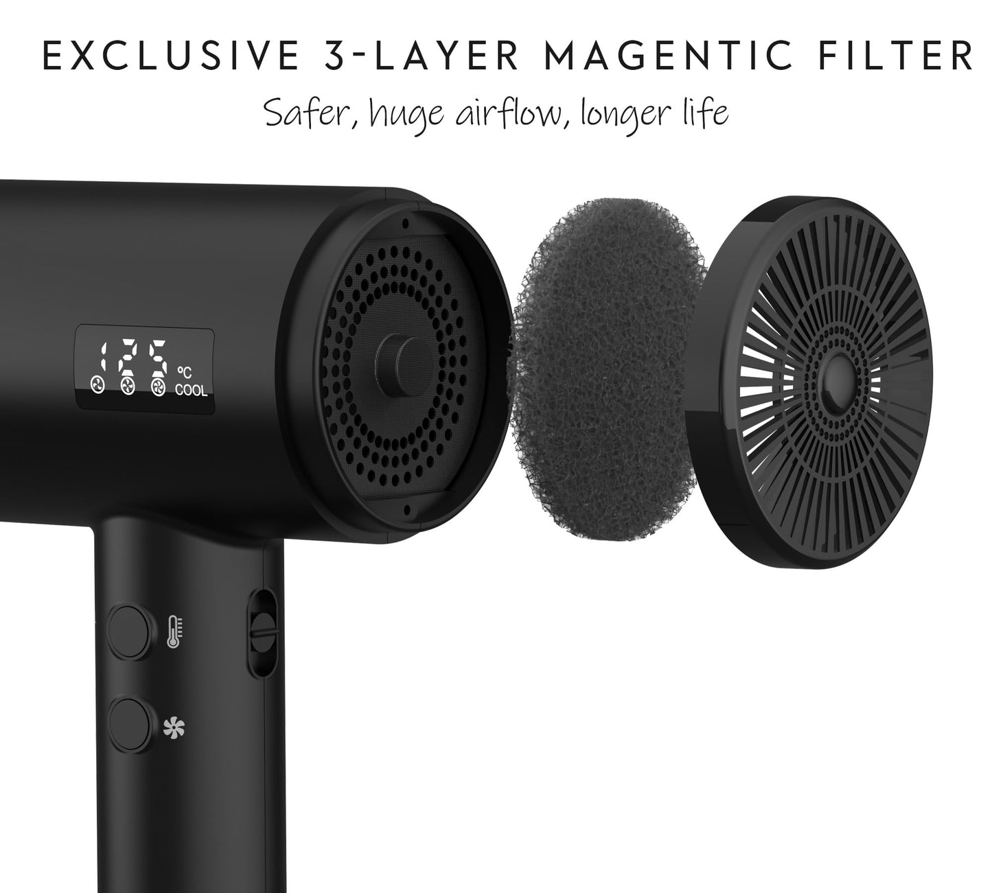 AINA Pro Salon Hair Dryer(New tech), Blow Dryer with Diffuser Brush Comb for Women | BLDC Hair Dryer | Brushless Motor 150,000 RPM | Ionic | LED display | 4 Magnetic Attachments 110V/ALCI(Vader Black)