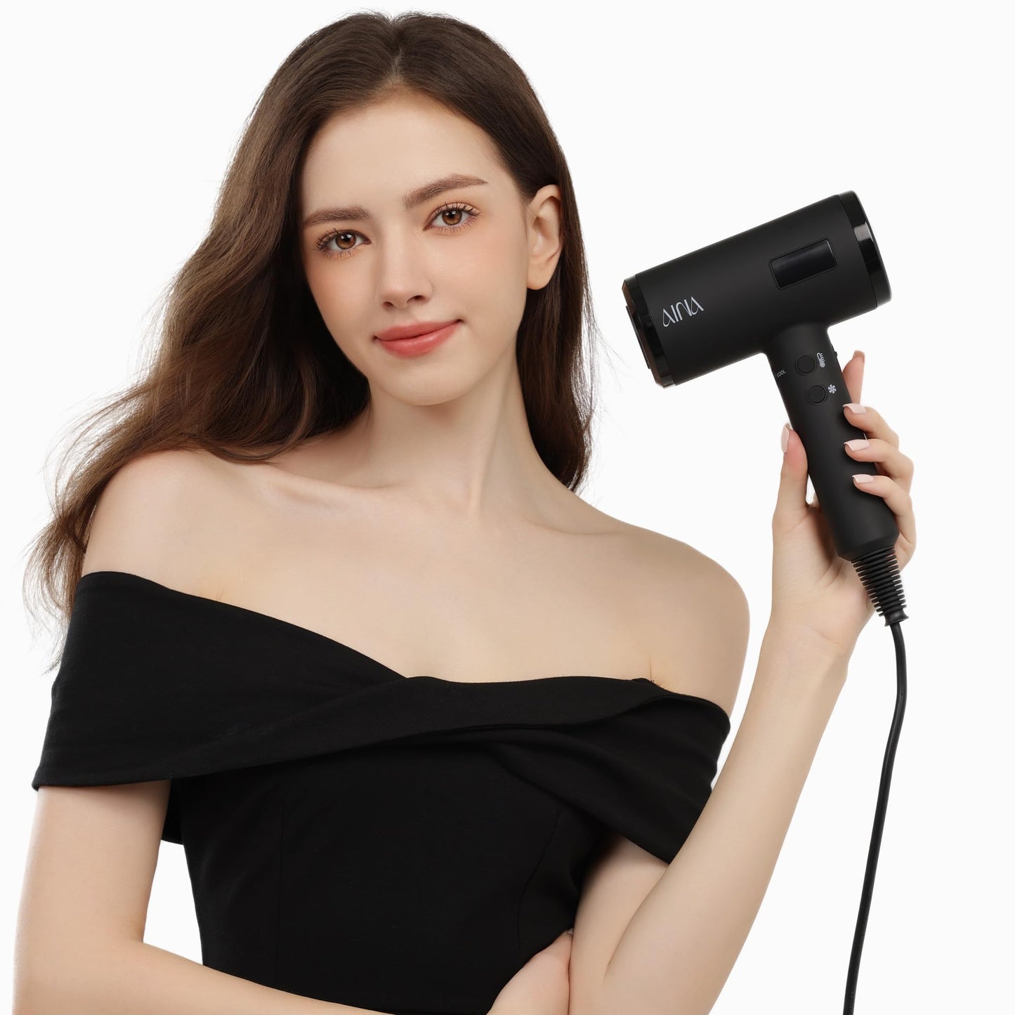 AINA Pro Salon Hair Dryer(New tech), Blow Dryer with Diffuser Brush Comb for Women | BLDC Hair Dryer | Brushless Motor 150,000 RPM | Ionic | LED display | 4 Magnetic Attachments 110V/ALCI(Vader Black)