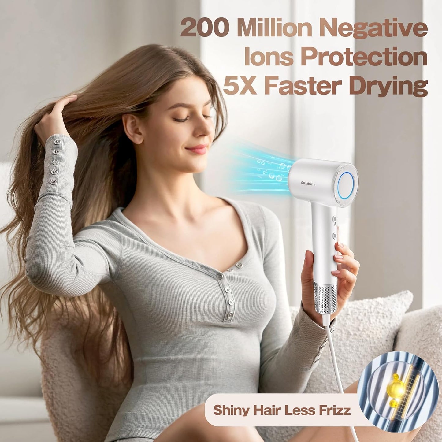 Labiim Hair Dryer, High-Speed Ionic Low Noise Blow Dryer with Brushless Motor for Fast Drying, Thermo-Control Quiet Compact Hair Blow Dryer, Hairdryer with 1 Nozzle Attachments for Home Salon Travel