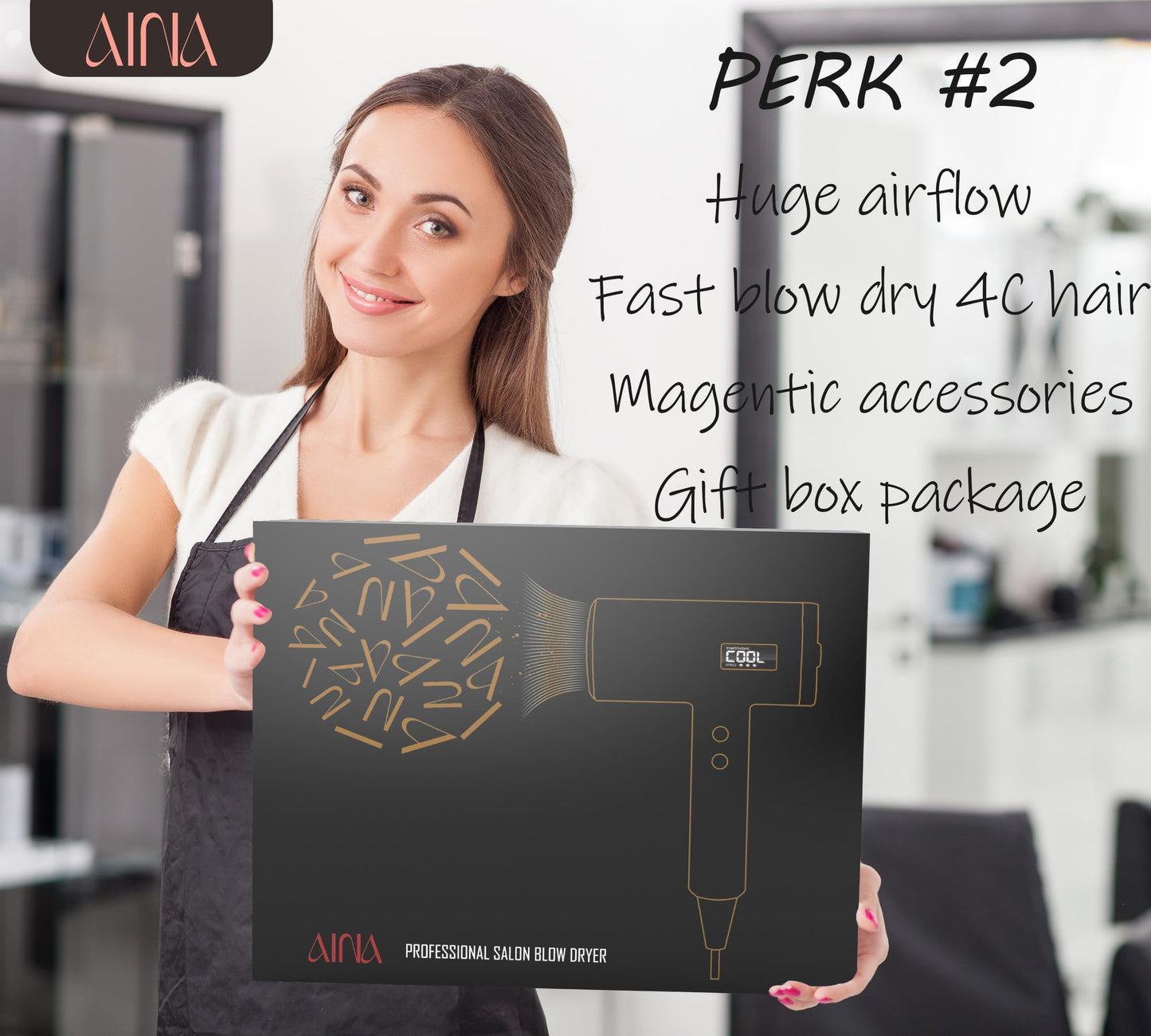 AINA Pro Salon Hair Dryer(New tech), Blow Dryer with Diffuser Brush Comb for Women | BLDC Hair Dryer | Brushless Motor 150,000 RPM | Ionic | LED display | 4 Magnetic Attachments 110V/ALCI(Vader Black)
