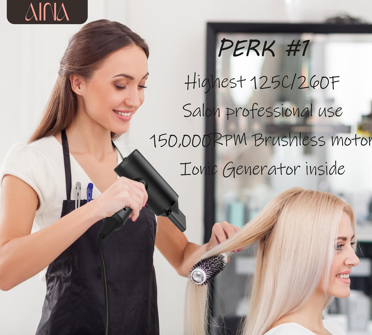 AINA Pro Salon Hair Dryer(New tech), Blow Dryer with Diffuser Brush Comb for Women | BLDC Hair Dryer | Brushless Motor 150,000 RPM | Ionic | LED display | 4 Magnetic Attachments 110V/ALCI(Vader Black)