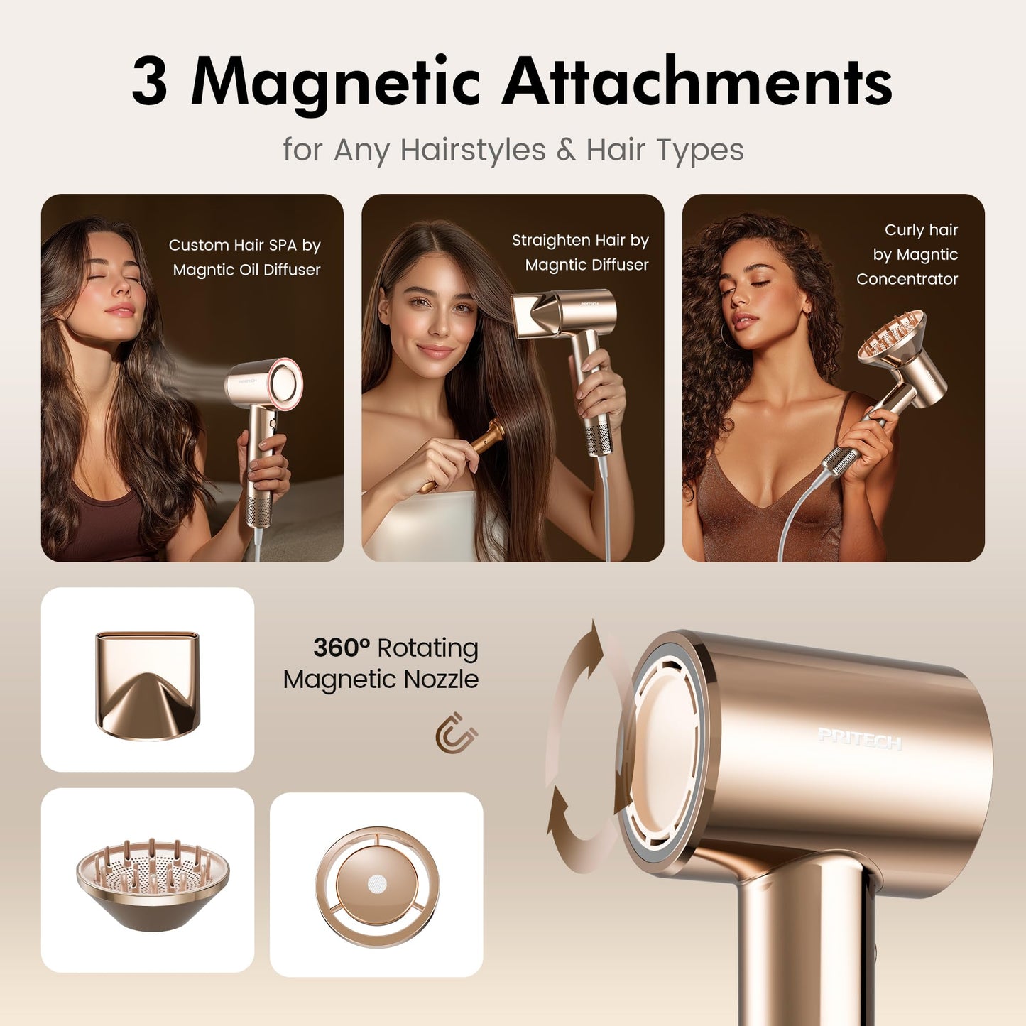 PRITECH High-Speed Ionic Hair Dryer with Diffuser,200M Negative Ions with Hair Oil-Infused Blowout Gilded Pro Blow Dryer,1500W Brushless Motor 5X Fast Dry,Low Noise, Lightweight for Travel Home Salon