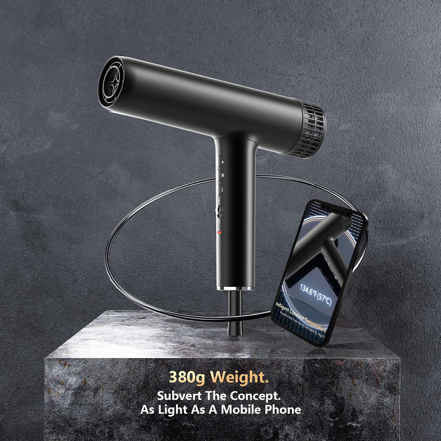Hair Dryer, Professional Brushless Motor Ionic Hair Blow Dryer with Diffuser, Magnetic Nozzles, 0.83Pound, 2000W, 60dB, 3 Heat Settings & 3 Speed & Cold Settings, Diffuser Hair Dryer, Black